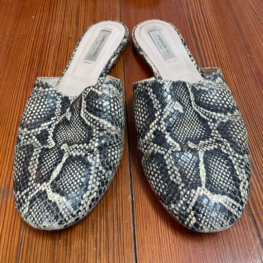 Emerson Fry Black and Cream Snakeskin Slides